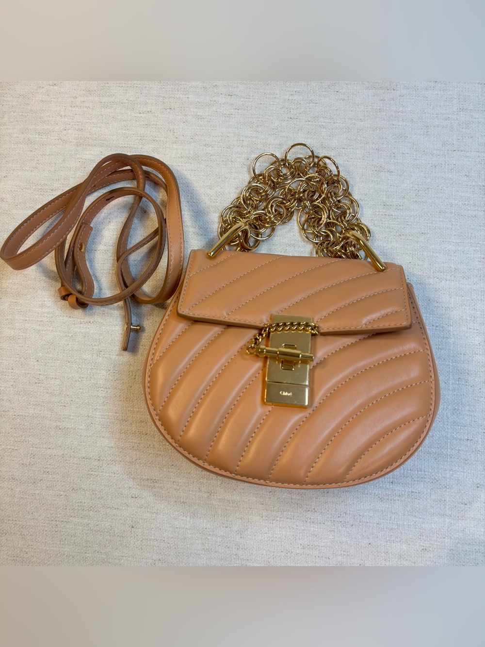 Chloé Quilted Leather Drew Bijou cross body Bag with gold chain handle in tan
